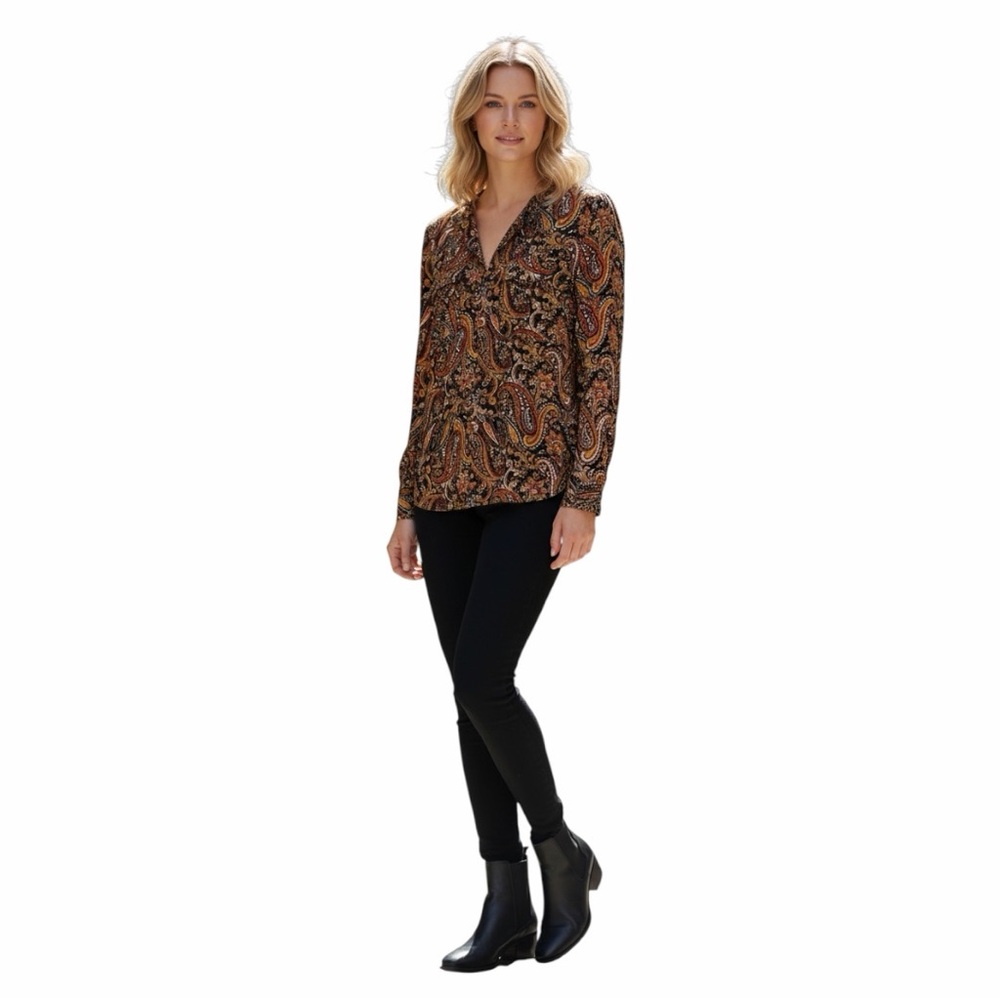 Jones New York Paisley V-Neck Blouse in Brown, Gold and Black